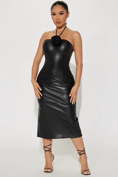 FashionNovaVestido midi de piel sintética Dahlia - Negro - Quierox - Tienda Online