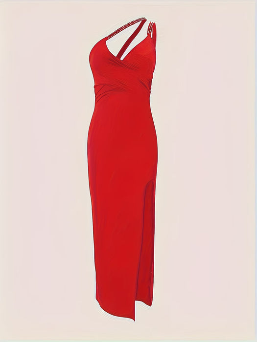 Vestido sexy de un solo hombro para mujer con adornos de diamantes de imitación, diseño calado y abertura alta