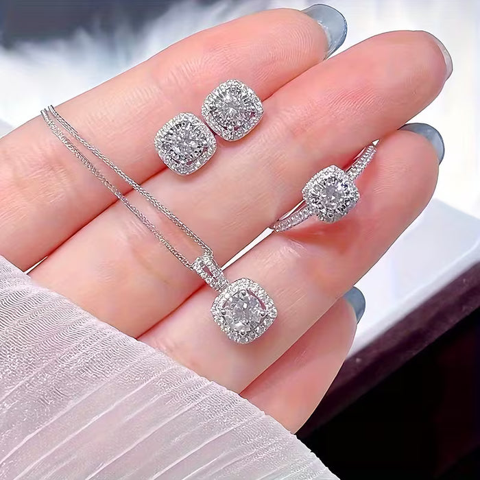 Conjunto de collar con colgante cuadrado elegante y aretes con anillo abierto para mujer, 4pcs