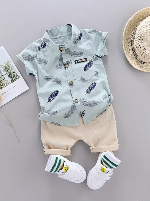 Conjunto de camiseta de plumas de verano para niños, manga corta y pantalones cortos