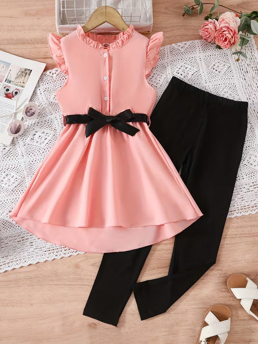 Conjunto de pantalones largos para niña dulce, transpirables, con detalle de lazo negro