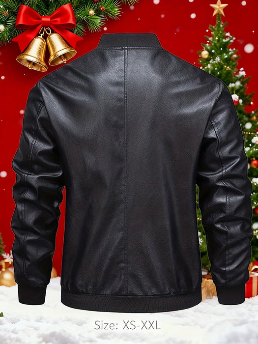 Chaqueta Bomber de Cuero PU para Hombre Twilight Mountain Cuello Alto con Cierre de Cremallera