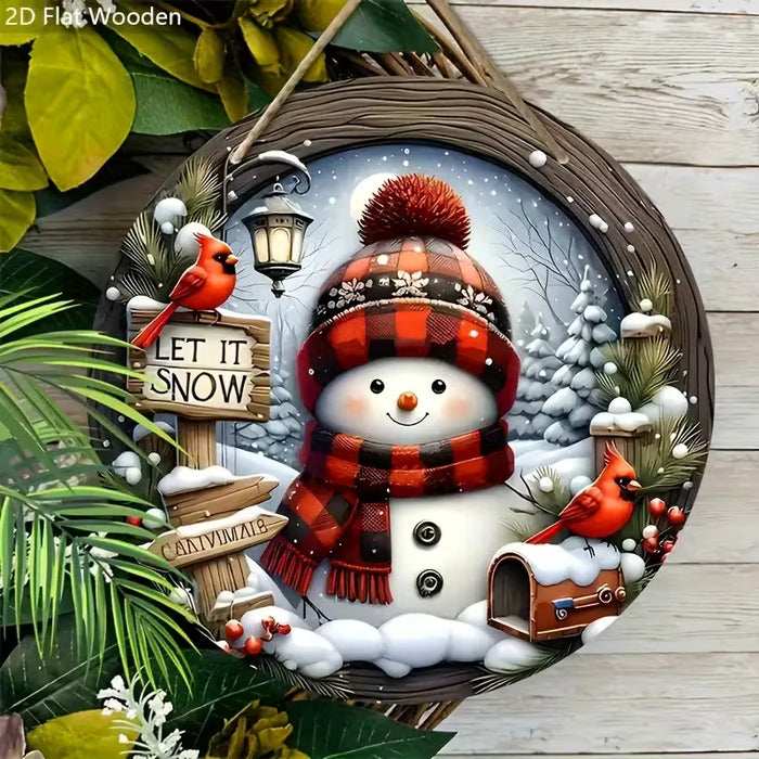 1 Letrero Navideño de Madera con Muñeco de Nieve Festivo y Pájaro Rojo, Adorno Circular