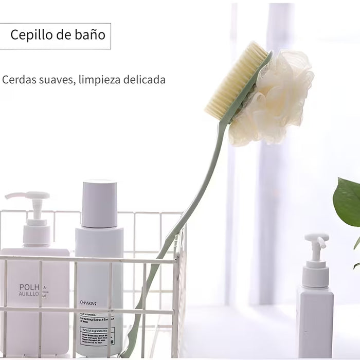 Cepillo de baño de cerdas suaves y mango largo, esponja de malla