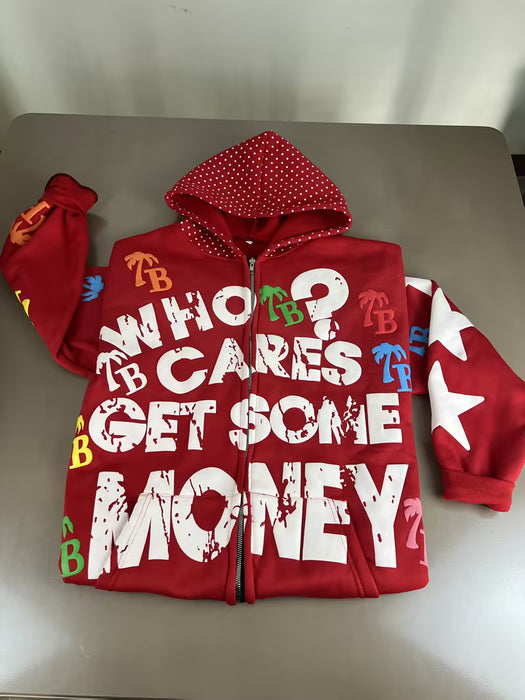 Sudadera con Capucha con Estampado de Letras TB "Who Cares Get Some Money" y Estrellas para hombre