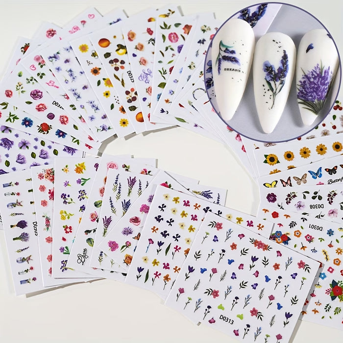 Set de 30 hojas de calcomanías 3D florales para uñas con diseños modernos