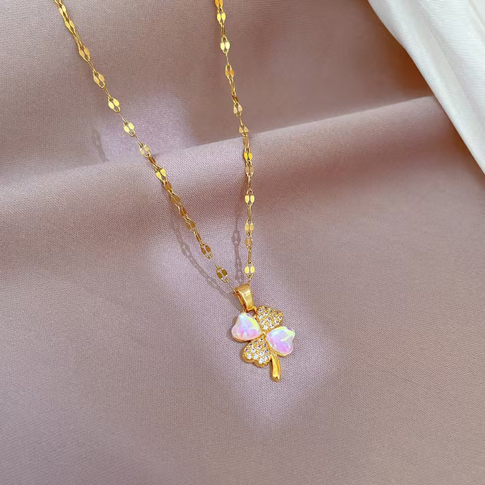 Collar de Cuatro Hojas para Mujer con Incrustaciones de Micro-Rhinestone