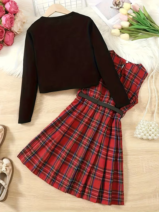 Conjunto de moda para niñas Gift Belt: cárdigan corto Ted + vestido de cuadros escoceses