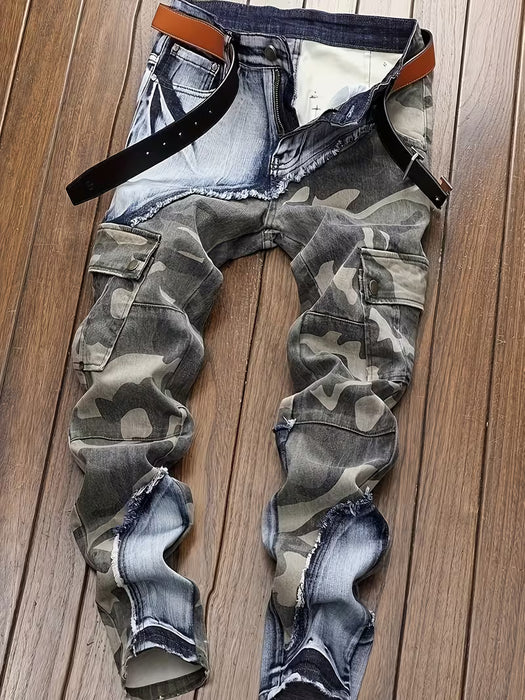Jeans de trabajo de camuflaje con retazos, de ajuste entallado, elásticos y multibolsillos