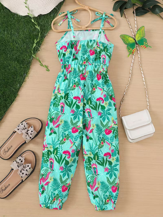 Mono con tirantes para niñas, estilo vacacional de verano, con estampado de hojas verdes