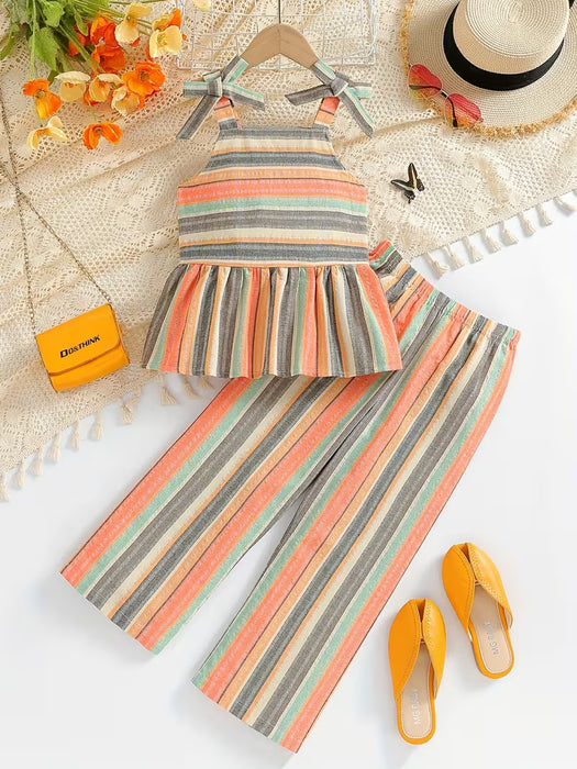 Conjunto de dos piezas de moda coreana para niñas con top a rayas