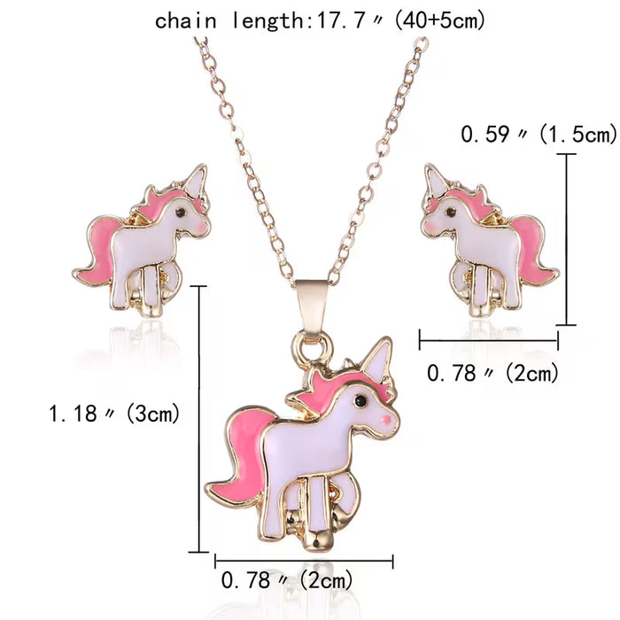 Juego de 2 piezas: Pendientes colgantes y collar de esmalte de lindo potro de unicornio rosa