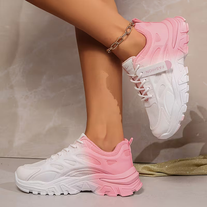 Zapatillas deportivas rosa de suela gruesa con plataforma y cordones para mujer
