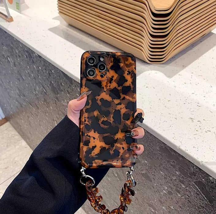 Funda de teléfono con cadena para la muñeca con estampado de leopardo de color ámbar retro - Quierox - Tienda Online