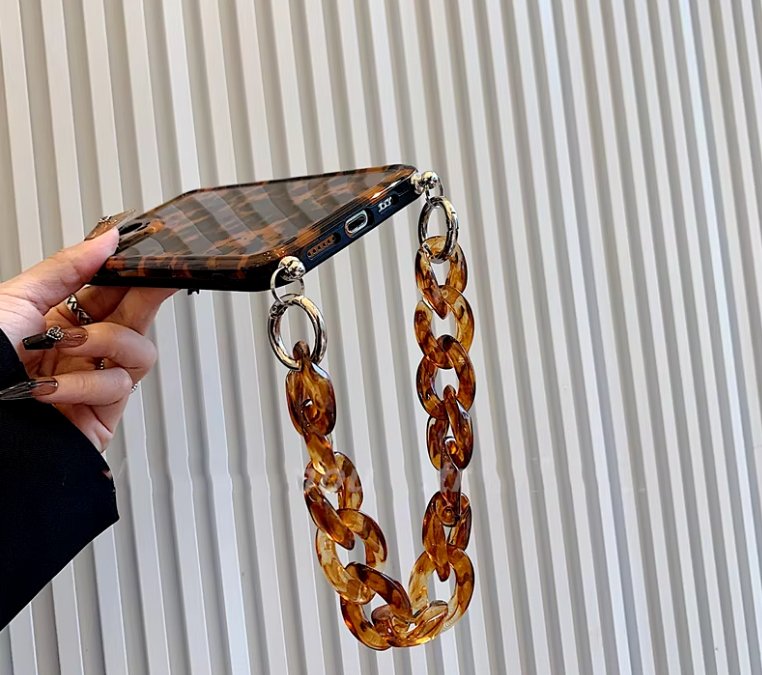 Funda de teléfono con cadena para la muñeca con estampado de leopardo de color ámbar retro - Quierox - Tienda Online