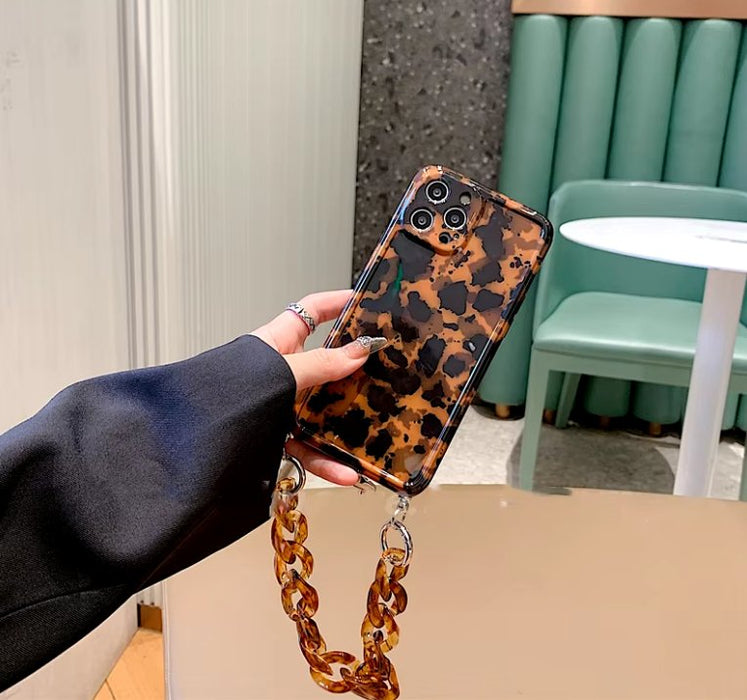 Funda de teléfono con cadena para la muñeca con estampado de leopardo de color ámbar retro - Quierox - Tienda Online