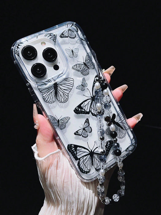 Funda para teléfono con diseño de mariposa negra y cuerda colgante de cristal - Quierox - Tienda Online