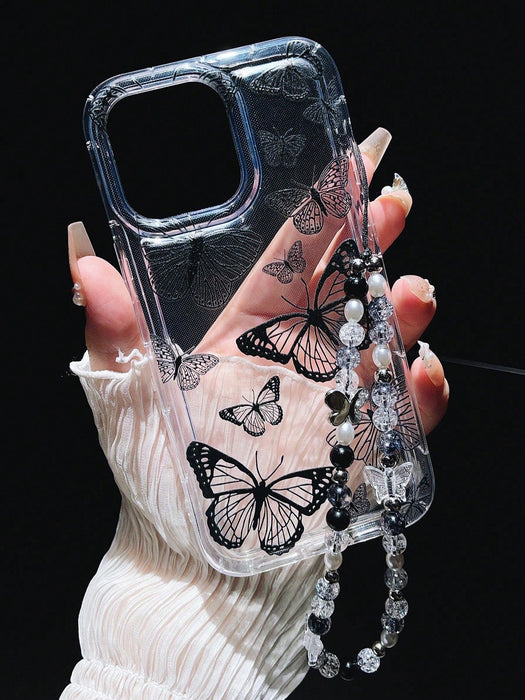 Funda para teléfono con diseño de mariposa negra y cuerda colgante de cristal - Quierox - Tienda Online