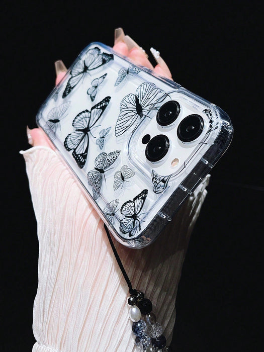 Funda para teléfono con diseño de mariposa negra y cuerda colgante de cristal - Quierox - Tienda Online