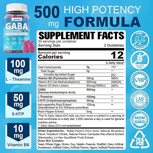 GABA Gummies 500 mg – Gomitas calmantes sin azúcar con L teanina, 5 - HTP, vitaminas D3, B12.. - Quierox - Tienda Online