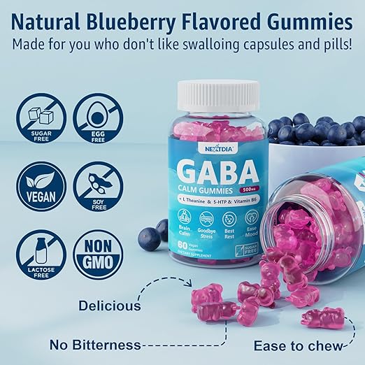 GABA Gummies 500 mg – Gomitas calmantes sin azúcar con L teanina, 5 - HTP, vitaminas D3, B12.. - Quierox - Tienda Online