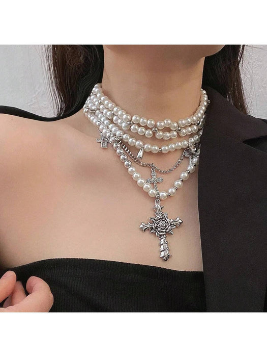 Gargantilla de perlas multicapa con colgante de cruz, diseño resistente y estilo de alta gama - Quierox - Tienda Online