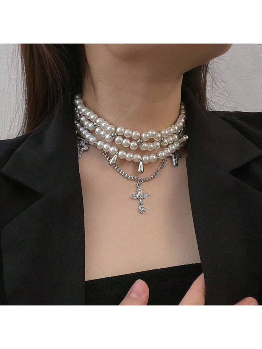 Gargantilla de perlas multicapa con colgante de cruz, diseño resistente y estilo de alta gama - Quierox - Tienda Online