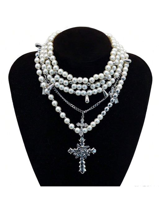 Gargantilla de perlas multicapa con colgante de cruz, diseño resistente y estilo de alta gama - Quierox - Tienda Online