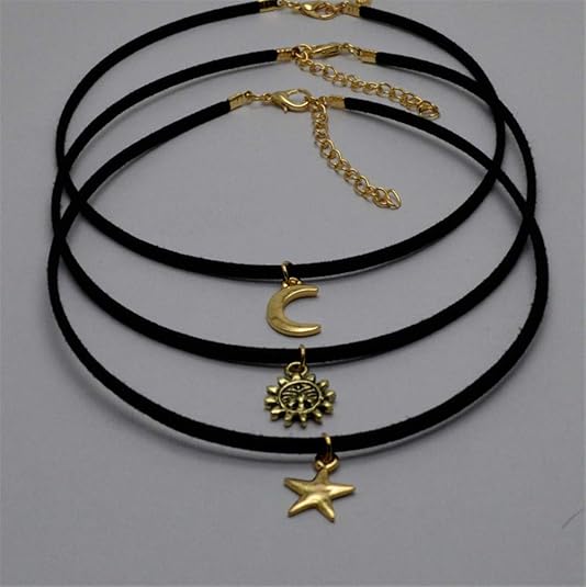 Gargantilla negra para mujer, collar con colgante de estrella y sol, luna, cuerda de terciopelo negro - Quierox - Tienda Online
