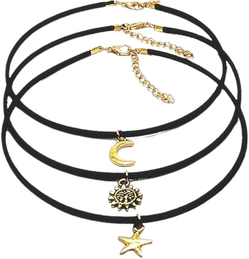Gargantilla negra para mujer, collar con colgante de estrella y sol, luna, cuerda de terciopelo negro - Quierox - Tienda Online