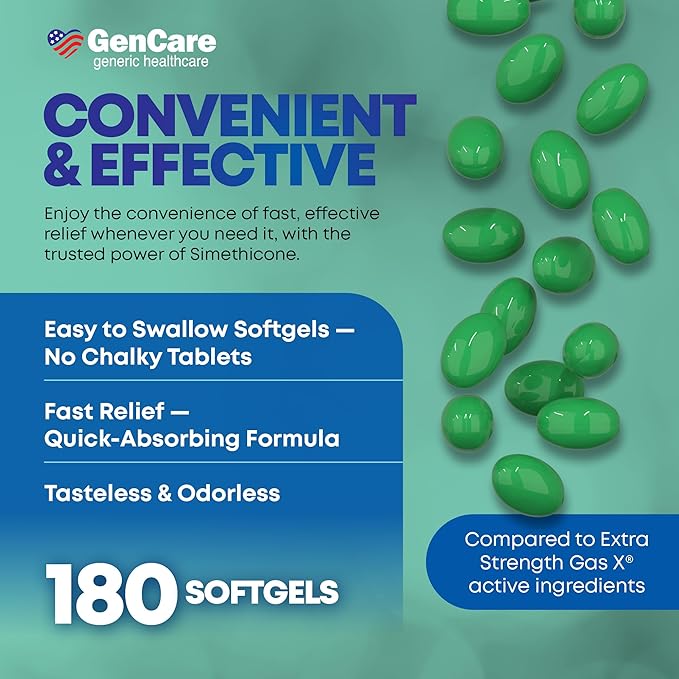 GenCare - Alivio de gases extra fuerte con simeticona 125 mg (180 cápsulas blandas) - Quierox - Tienda Online