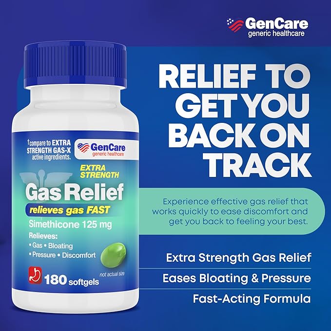 GenCare - Alivio de gases extra fuerte con simeticona 125 mg (180 cápsulas blandas) - Quierox - Tienda Online