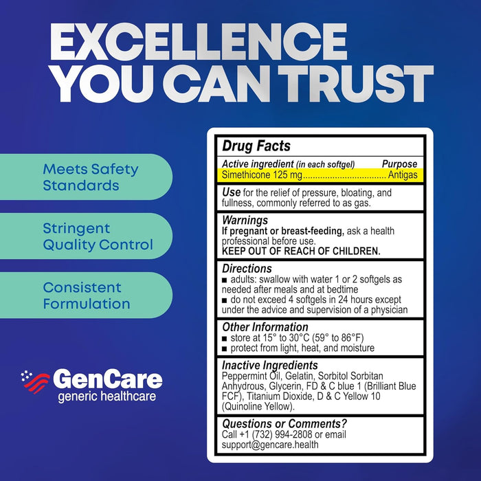 GenCare - Alivio de gases extra fuerte con simeticona 125 mg (180 cápsulas blandas) - Quierox - Tienda Online