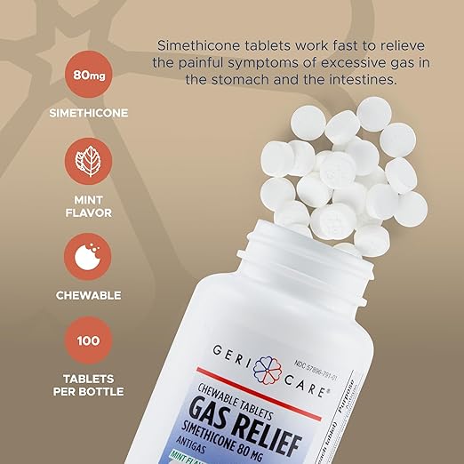 GeriCare Simeticona - Tabletas masticables de alivio de gases de 80 mg - Quierox - Tienda Online