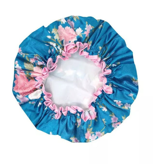 Gorra de ducha de satén envuelvente de moda, clavel rosa floral azul real - Quierox - Tienda Online