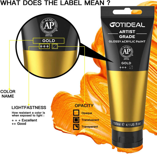 GOTIDEAL - Juego de pinturas acrílicas, tubos de 4.1 oz (120 ml), color gold trasparente - Quierox - Tienda Online