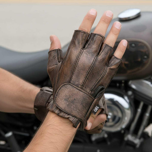 Guantes de moto sin dedos para hombre, de cuero marrón con palma acolchada de gel - Quierox - Tienda Online