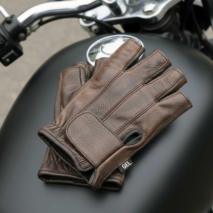 Guantes de moto sin dedos para hombre, de cuero marrón con palma acolchada de gel - Quierox - Tienda Online