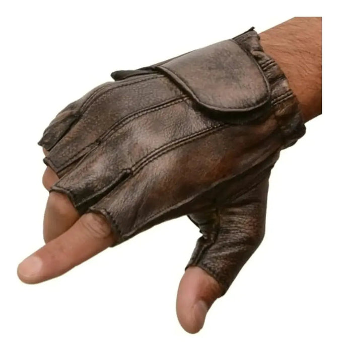 Guantes de moto sin dedos para hombre, de cuero marrón con palma acolchada de gel - Quierox - Tienda Online