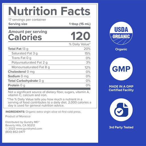 Gundry MD Aceite de Oliva Orgánico Extra Virgen Primera Prensa Fría Marroquí Rico en Polifenoles (Aceite de Oliva) - Quierox - Tienda Online