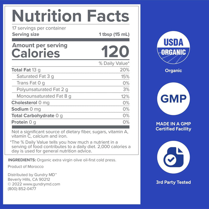Gundry MD Aceite de Oliva Orgánico Extra Virgen Primera Prensa Fría Marroquí Rico en Polifenoles (Aceite de Oliva) - Quierox - Tienda Online