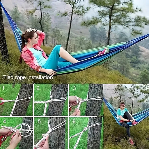 Hamaca de Lona a Rayas Azules y Verdes Grande y Portátil con Cuerdas para Colgar - Quierox - Tienda Online
