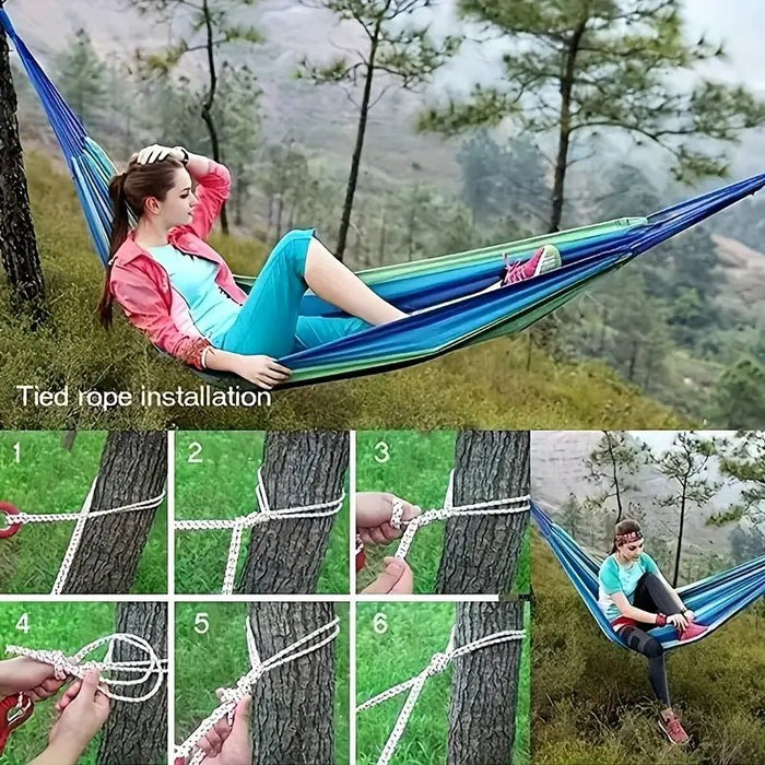 Hamaca de Lona a Rayas Azules y Verdes Grande y Portátil con Cuerdas para Colgar - Quierox - Tienda Online