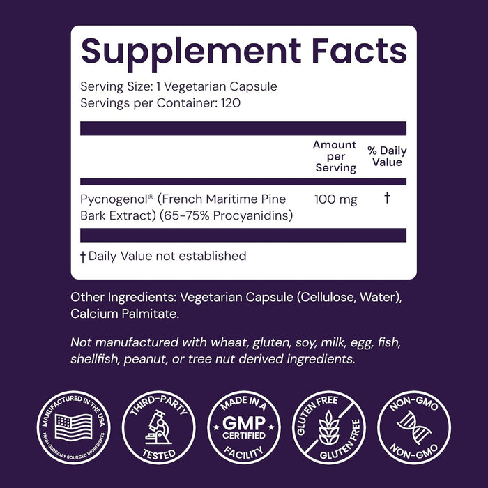 Healthy Origins Pycnogenol 100 mg - Extracto de corteza de pino premium 120 cápsulas vegetales - Quierox - Tienda Online