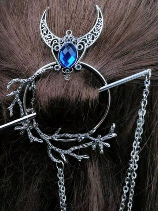 Horquilla para moño con forma de media luna plateada y rama Vikinga Con Pedrería - Quierox - Tienda Online