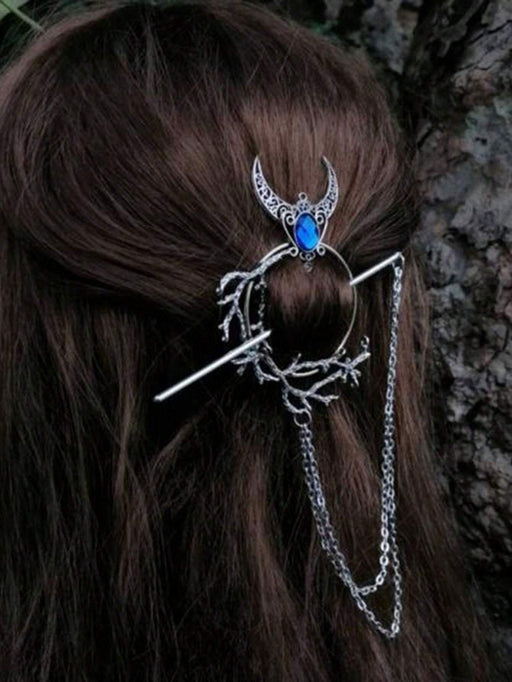 Horquilla para moño con forma de media luna plateada y rama Vikinga Con Pedrería - Quierox - Tienda Online