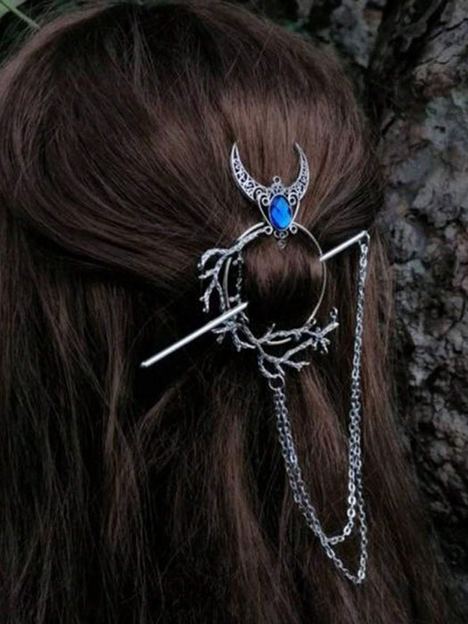 Horquilla para moño con forma de media luna plateada y rama Vikinga Con Pedrería - Quierox - Tienda Online