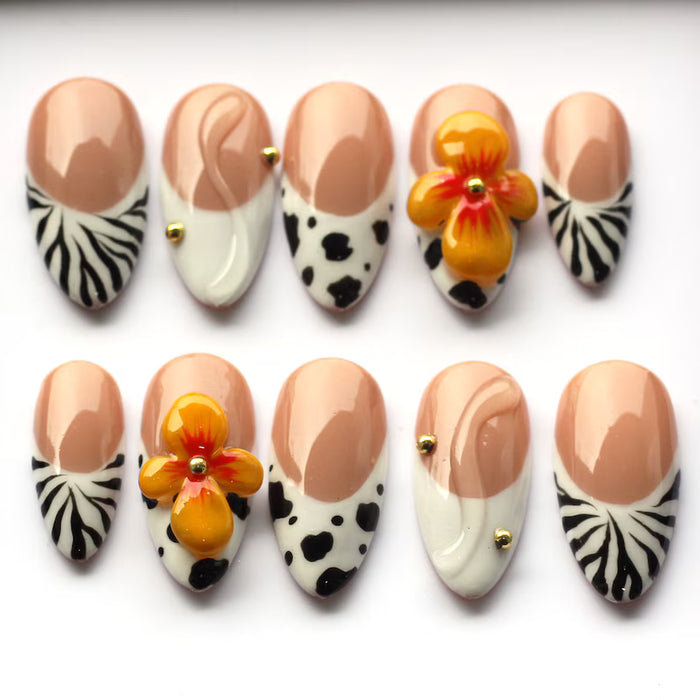 Uñas press on con punta francesa: Set de uñas con flores 3D, estampado de vaca y efecto degradado size L