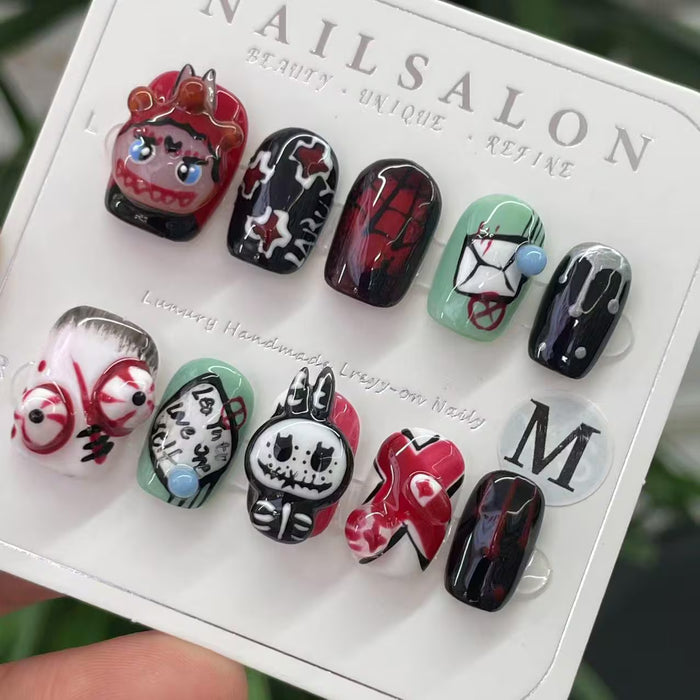 10 Uds De uñas postizas press on góticas redondas cortas color negro oscuro para Halloween