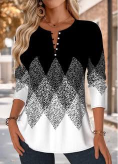 MODLILY Blusa negra de manga larga con estampado geométrico y pespuntes